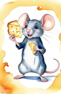 watercolor illustration of funny character - cute mouse with big ears holding piece of swiss cheese.