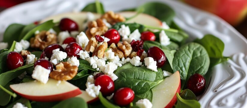 Fresh baby spinach, red apple, cranberry, walnuts, and feta cheese make up a homemade salad.