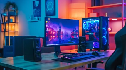 Gaming computer on desk in video gamer room with neon lights. Gaming PC monitor with abstract interface of computer game. Workstation of gaming streamer on table. Work station with neon cooler. Esport - obrazy, fototapety, plakaty