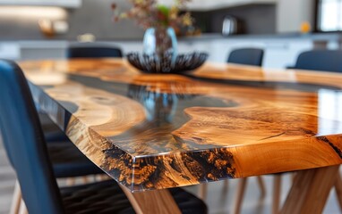 Epoxy resin over wood, used for decorative tables and furniture