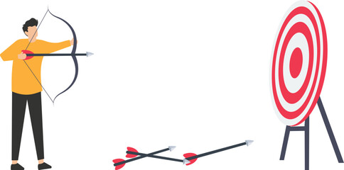Businessman hit Many arrows missed target mark miss, business challenge failure metaphor, multiple failed inaccurate attempts to hit archery target  © Arslan Haider