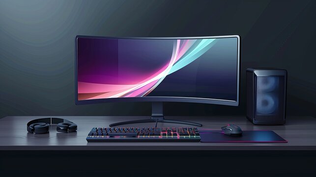 Realistic computer equipment. 3D curved monitor, keyboard, mouse with pad. Personal set of user. Color vector composition. Programmer accessories. Office equipment