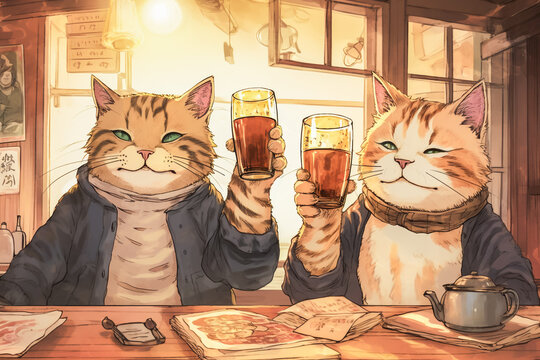 Illustration of a cute cat toasting with beer in a restaurant. Happy hour concept. Japanese manga or illustration or animation style concept.