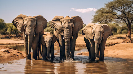 group of elephants at a watering hole, AI Generative.