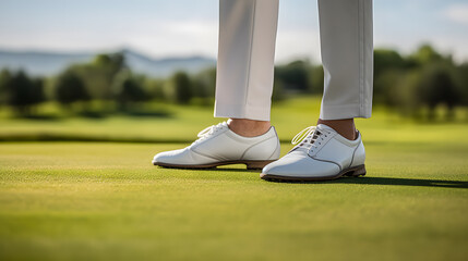 Gros plan sur les chaussures de golf d'un homme sur une pelouse. - obrazy, fototapety, plakaty
