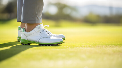 Gros plan sur les chaussures d'un golfer sur un parcours de golf. 