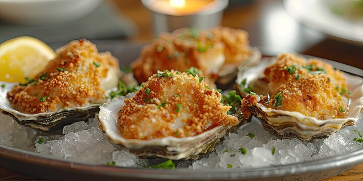 Golden Crispy Elegance: Fried Oysters Showcase Seafood Brilliance. Culinary Artistry in a Bite, an Oceanic Delight for the Senses. Picture the Seafood Brilliance in a Coastal Setting