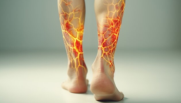 Backview of sick deseased varicose legs with veins in fire and neutral grayscale background as a symbol of medical condition and healthcare treatment needed