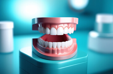Beautiful artificial jaw with snow-white teeth. jaw mockup concept, international day of dentist