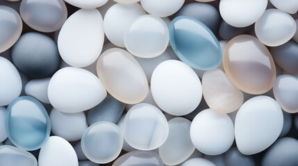 Smooth shiny pebbles on the beach, natural background. Beautiful, polished rounded rocks, abstract texture. Blue, white, and light gray colors. Pastel tones.