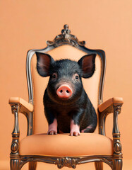 Frontal portrait of a cute all black pig sitting on a gold Grand Edwardian Chair with a peach background. Indoor image. Copy Space