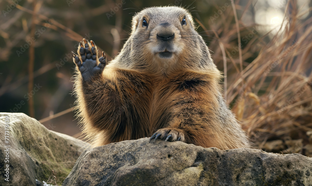 Wall mural groundhog's gesture, anticipating the annual prediction on groundhog day. groundhog with hand up.