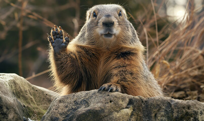 Groundhog's Gesture,  Anticipating the Annual Prediction on Groundhog Day.  Groundhog with Hand Up. 