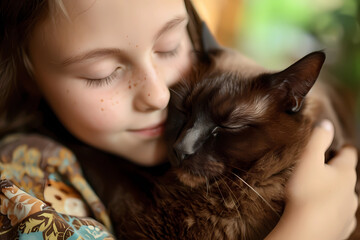 A young girl envelops herself in the comforting embrace of her beloved Havana Brown cat, epitomizing a profound bond characterized by companionship and an abundance of tender love shared between them