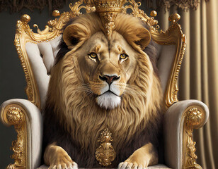 Majestic Lion sitting on a golden Grand Edwardian Chair, close up of the animal while looking at the camera on a royal chair. Wild animals immersed in luxury...