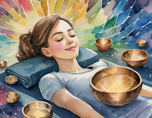 Woman lying on yoga mat with Tibetan singing bowls sound meditation, sound healing watercolor illustration