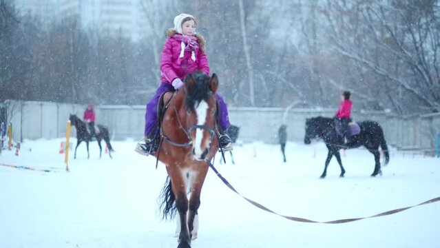 Girl rides on horse during snowfall and other riders out of focus