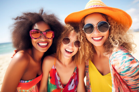 group of friends smiling and taking selfie at the beach on summer vacation