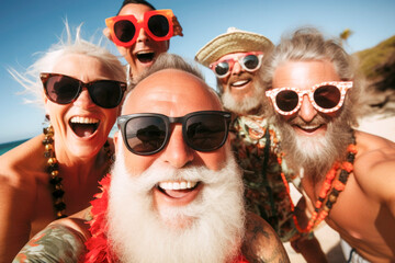 Cheerful group of midle age friends on the summer vacations at the beach