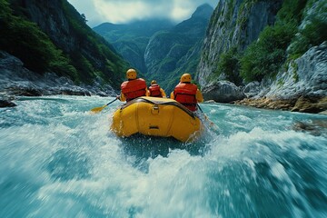 Rafting thrill! Adventurous souls navigate wild rivers in rubber boats. 'generative AI' 