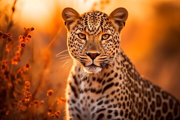 Gilded wilderness. majestic leopard roaming the african savanna at mesmerizing sunset