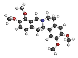 Tetrahydropalmatine (THP) herbal alkaloid molecule. 3D rendering.
