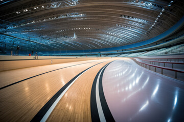 Curved indoor velodrome track with striking lines. - obrazy, fototapety, plakaty