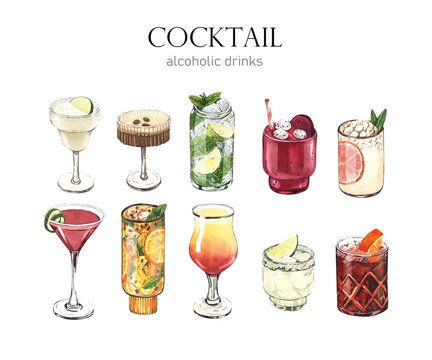 Set cocktails drinks: negroni, maxito, martini, tequila, dragon and maracuya. Watercolor hand-drawn illustration isolated on white background. Perfect for bar menu with alcoholic drinks or cafe