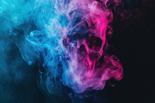 Thick colorful smoke of blue, pink in the form of a skull, monster, dragon on a black isolated background. Background from the smoke of vape