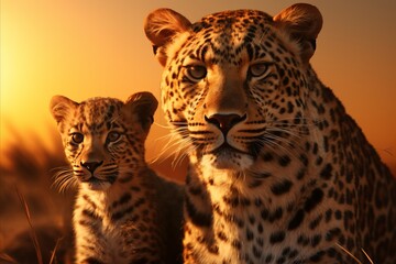 Fototapeta premium African savanna wildlife. magnificent leopard family silhouetted against the warm sunset sky