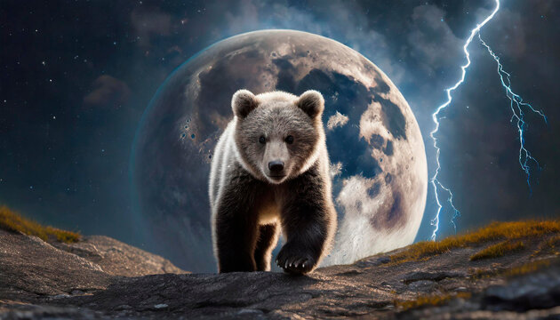 Illustration of a cute Brown Bear alone walking on the moon in a hostile environment. In the background the planet Earth with a starry sky. Life beyond the planet.
