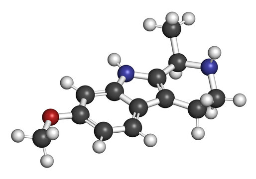 Tetrahydroharmine indole alkaloid molecule. 3D rendering.