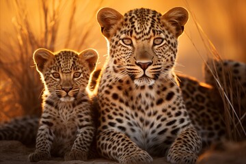 African leopard family in the golden sunset glow of the serengeti savannah - obrazy, fototapety, plakaty