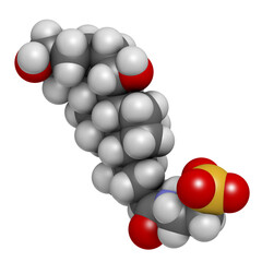 Taurursodiol drug molecule. Also known as ursodoxicoltaurine and tauroursodeoxycholic acid or TUDCA. 3D rendering.