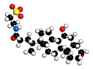 Taurursodiol drug molecule. Also known as ursodoxicoltaurine and tauroursodeoxycholic acid or TUDCA. 3D rendering.