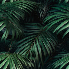 Fototapeta premium Seamless green palm leaves pattern, natural tropical background. Generative ai 