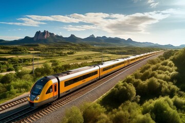 Aerial view: fast train in Spain, connecting Barcelona to Madrid. Scenic landscape features the Catalan countryside and Montserrat mountain range. Generative AI - obrazy, fototapety, plakaty