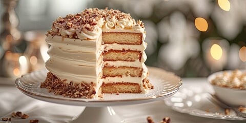 Elegance in Every Layer: Lady Baltimore Cake. Dive into Whispers of Fluffy Frosting and Nutty Filling, a Regal Culinary Masterpiece Unveiled. Picture the Lady Baltimore Cake Elegance in a Elegant - obrazy, fototapety, plakaty