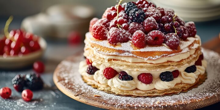 Danish Delight: Lagkage Symphony. Immerse in Layered Cake Extravaganza, Rich with Cream and Berries, a Sweet Culinary Overture from Denmark. Picture the Lagkage Symphony in a Charming Danish Setting