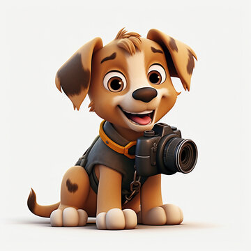 Cute dog with camera isolated on white background. 3d rendering.