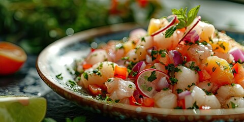 Ceviche Brilliance: Culinary Artistry Unveiled. Dive into A Symphony of Freshness and Citrus-infused Bliss Captured. Picture the Ceviche Brilliance in a Coastal Setting with Soft Lighting
