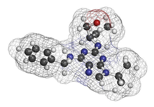 Seliciclib drug molecule (CDK inhibitor). 3D rendering.