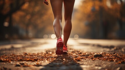 Close-up of a woman's legs walking along a path. - obrazy, fototapety, plakaty