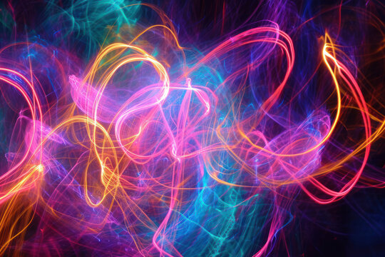Abstract light painting of multiple glowing neon colors, with a chaotic squiggle pattern that trails off toward the right edge of the image