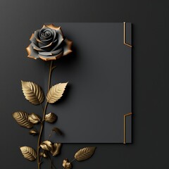 3D Black and Gold Rose with Black Card on Black Background, Ai Generated