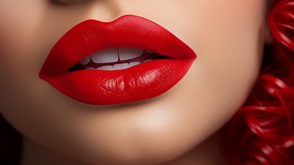 Obraz premium Close-up of a woman's lips with bright red lipstick.