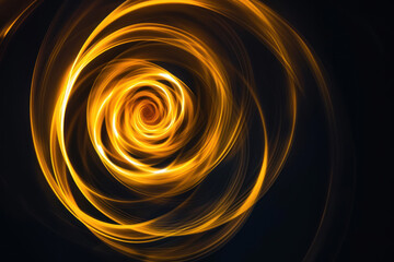 Close-up abstract glowing yellow spiral swirl on black background. Photographic effect with long exposure