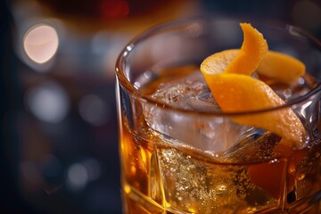 Old Fashioned Whiskey Cocktail with Ice and Orange Twist - A Timeless Drink for Bar Menus and Whiskey Connoisseur Blogs