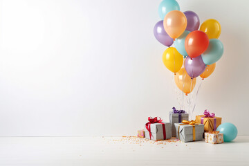 Colorful balloons and gifts against a white background.