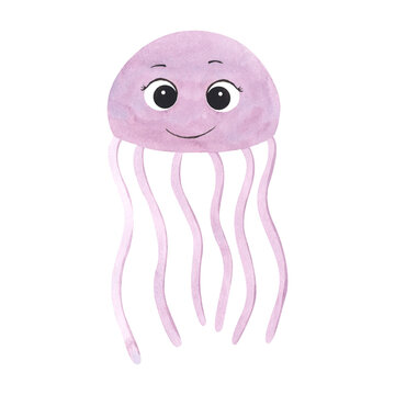 Watercolor purple cute jellyfish with big eyes.Illustration for baby shower, design, wrapping paper, greeting card. Isolated on white background.